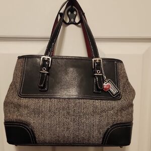 Coach Black Leather-Trim Tweed Tote with Heart Charm